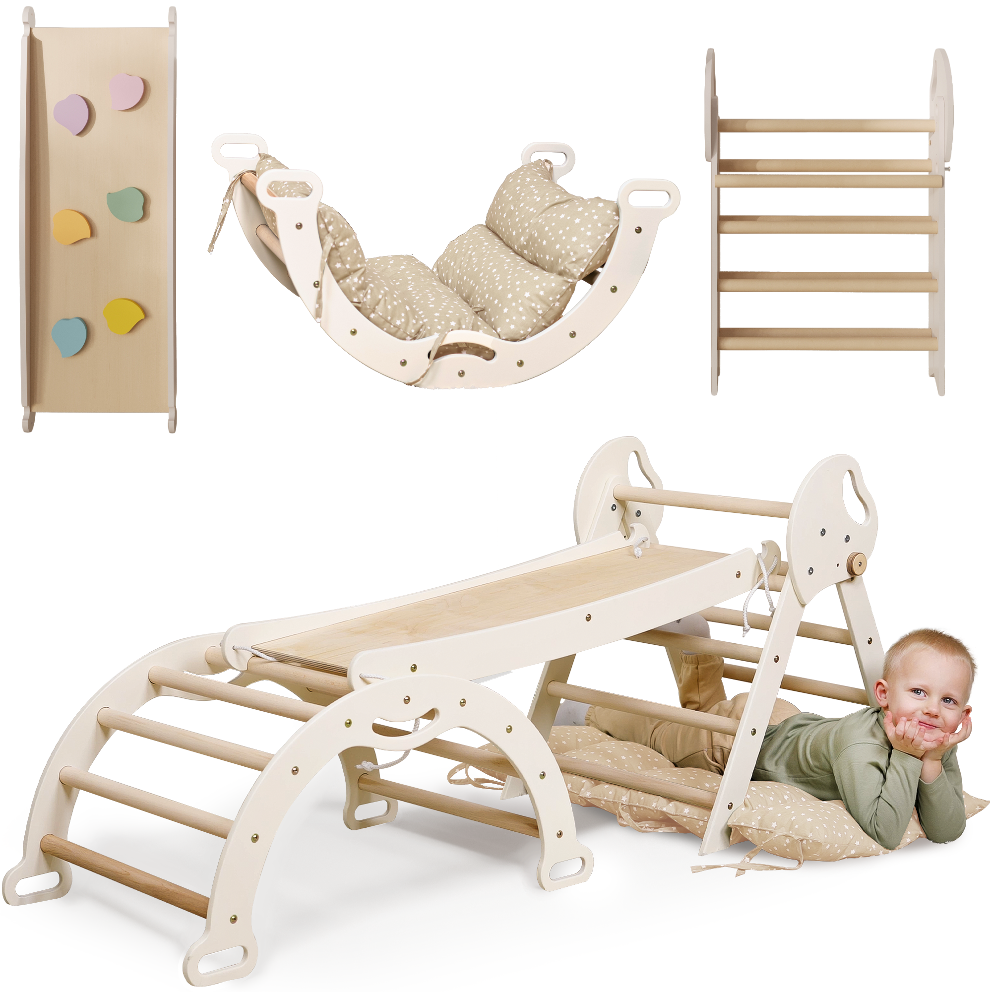 4in1 Montessori Climbing Set: Pikler Triangle, Arch, Slide Board, and Cushion for Toddlers (1–3 Years)